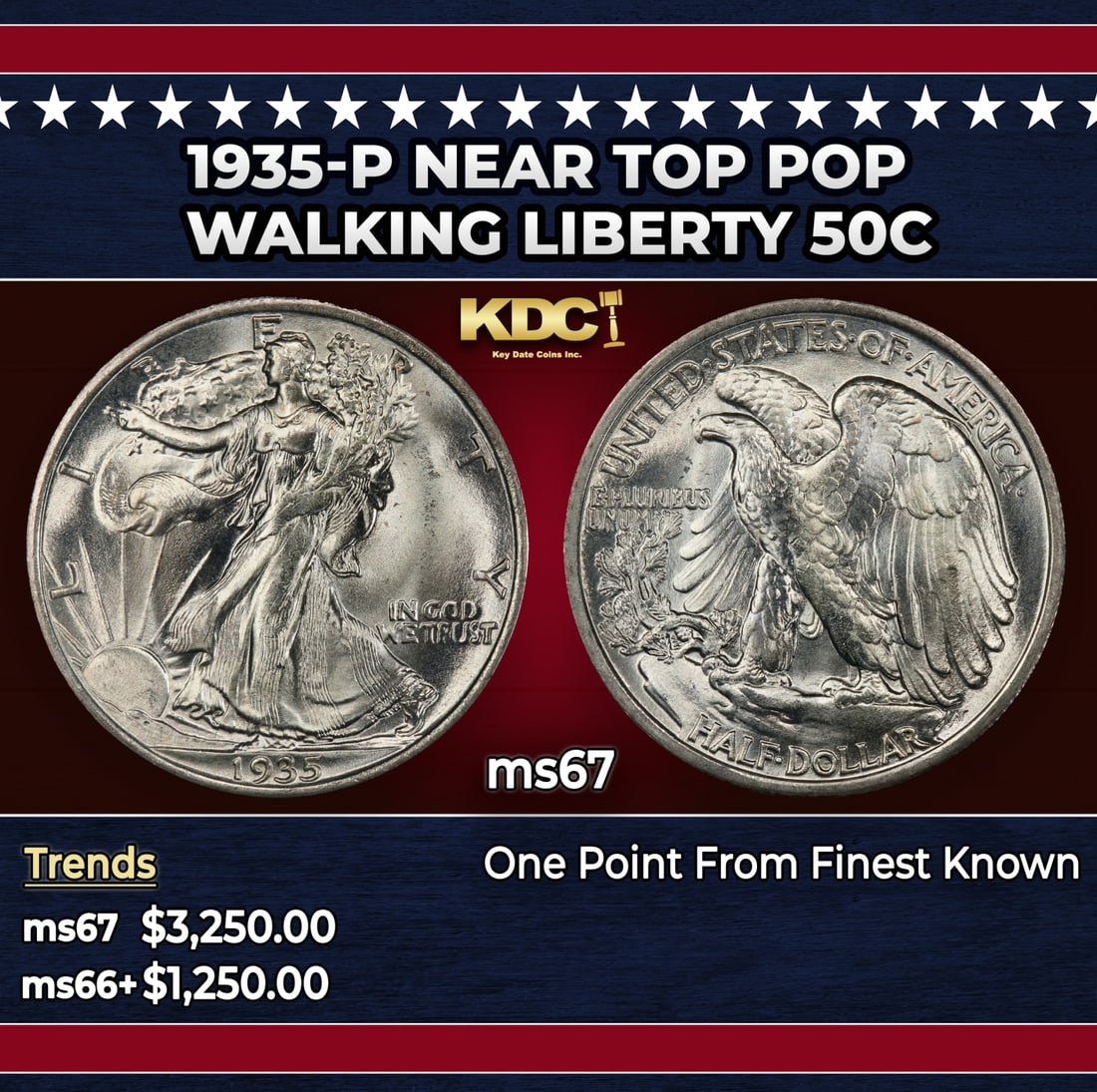 1935-p Walking Liberty Half Dollar Near Top Pop 50c ms67 SEGS: 1935-p Near Top Pop Walking Liberty Half Dollar 50c ms67 SEGS. Historic precious metal trends is causing increased spot pricing by the day. On auctions with set openings, we are doing our best to have