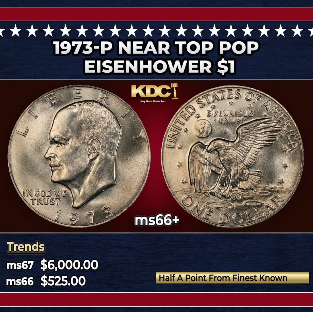 1973-p Eisenhower Dollar Near Top Pop $1 ms66+ SEGS: 1973-p Near Top Pop Eisenhower Dollar $1 ms66+ SEGS. Historic precious metal trends is causing increased spot pricing by the day. On auctions with set openings, we are doing our best to have items pri