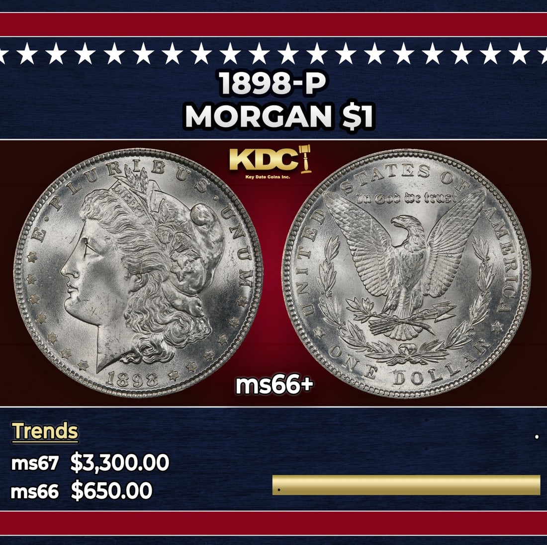 1898-p Morgan Dollar $1 ms66+ SEGS: 1898-p Morgan Dollar $1 ms66+ SEGS. Historic precious metal trends is causing increased spot pricing by the day. On auctions with set openings, we are doing our best to have items priced at their mark