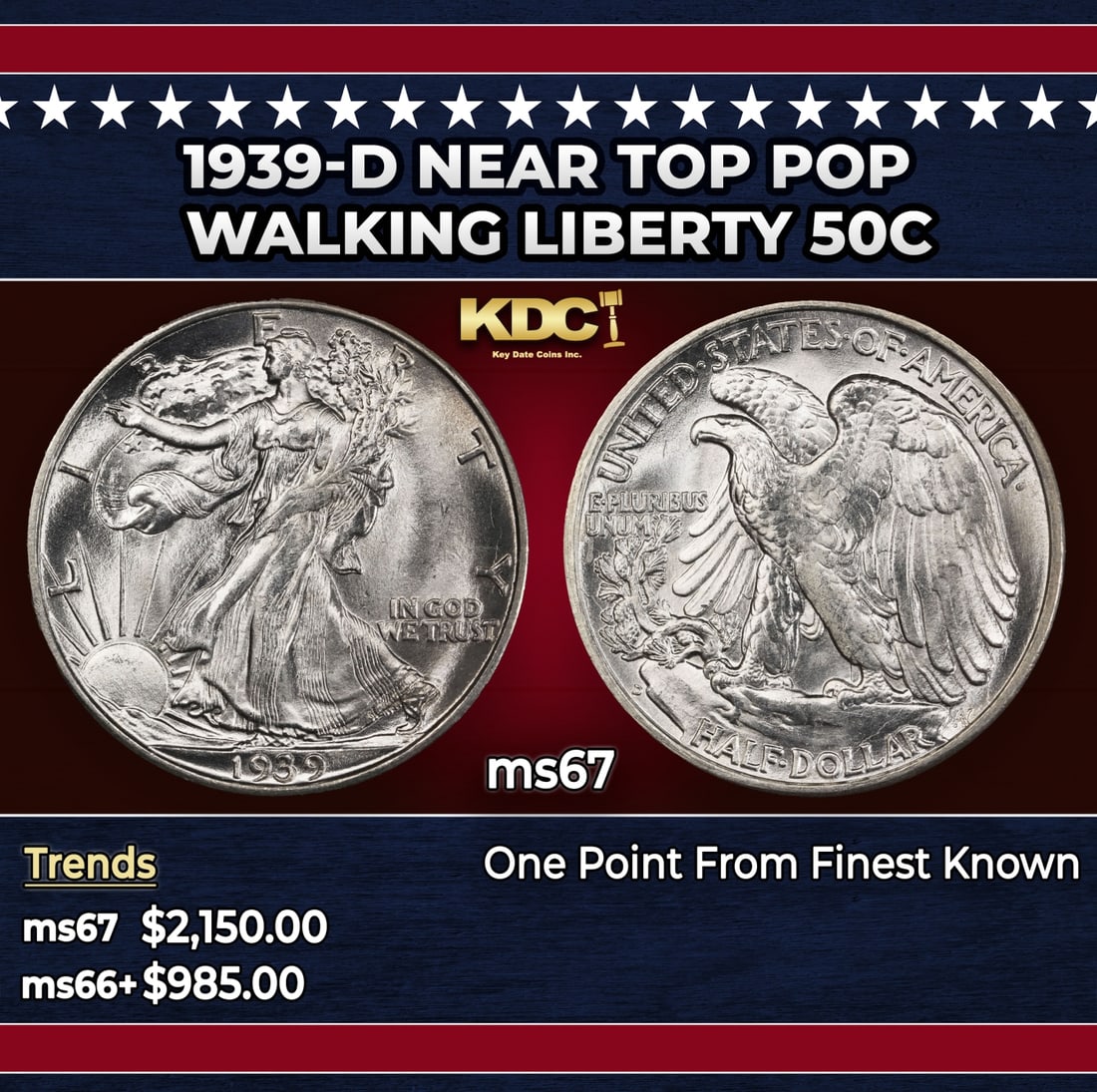 1939-d Walking Liberty Half Dollar Near Top Pop 50c ms67 SEGS: 1939-d Near Top Pop Walking Liberty Half Dollar 50c ms67 SEGS. Historic precious metal trends is causing increased spot pricing by the day. On auctions with set openings, we are doing our best to have