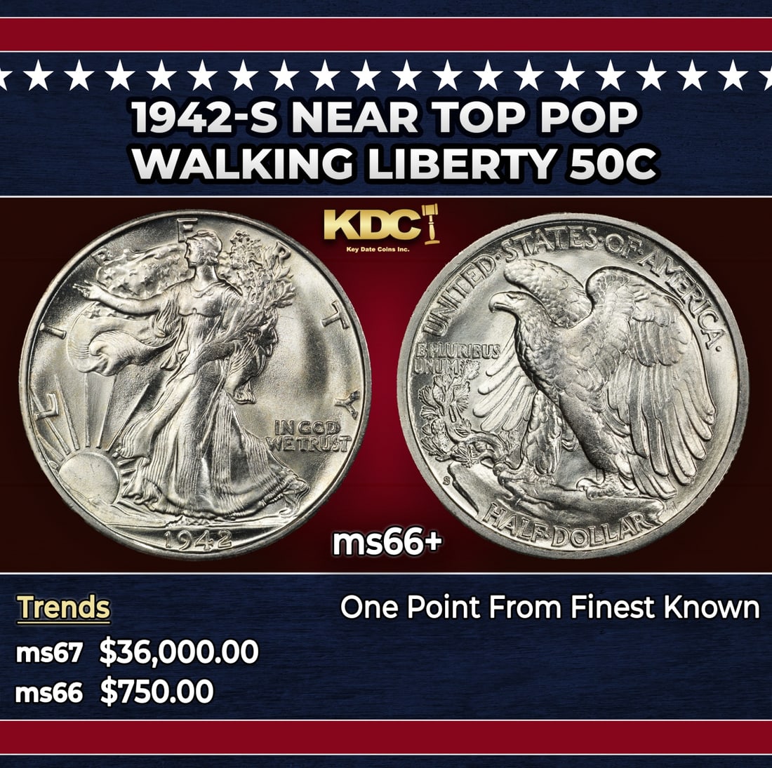 1942-s Walking Liberty Half Dollar Near Top Pop 50c ms66+ SEGS: 1942-s Near Top Pop Walking Liberty Half Dollar 50c ms66+ SEGS. Historic precious metal trends is causing increased spot pricing by the day. On auctions with set openings, we are doing our best to hav