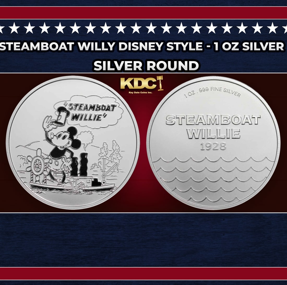 Steamboat Willy Disney Style - 1 oz Silver Round Round: Steamboat Willy Disney Style - 1 oz Silver Round. Commemorating Steamboat Willie entering the public domain, this silver round features a depiction of the seminal cartoon mouse on his steamboat on hte