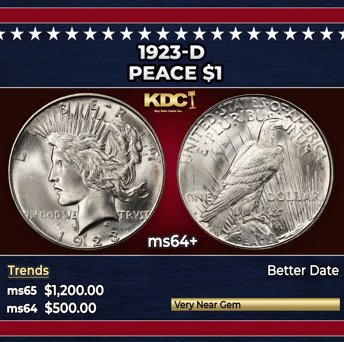 1923-d Peace Dollar $1 Grades ms64+: 1923-d Peace Dollar $1 Grades ms64+. Historic precious metal trends is causing increased spot pricing by the day. On auctions with set openings, we are doing our best to have items priced at their mar