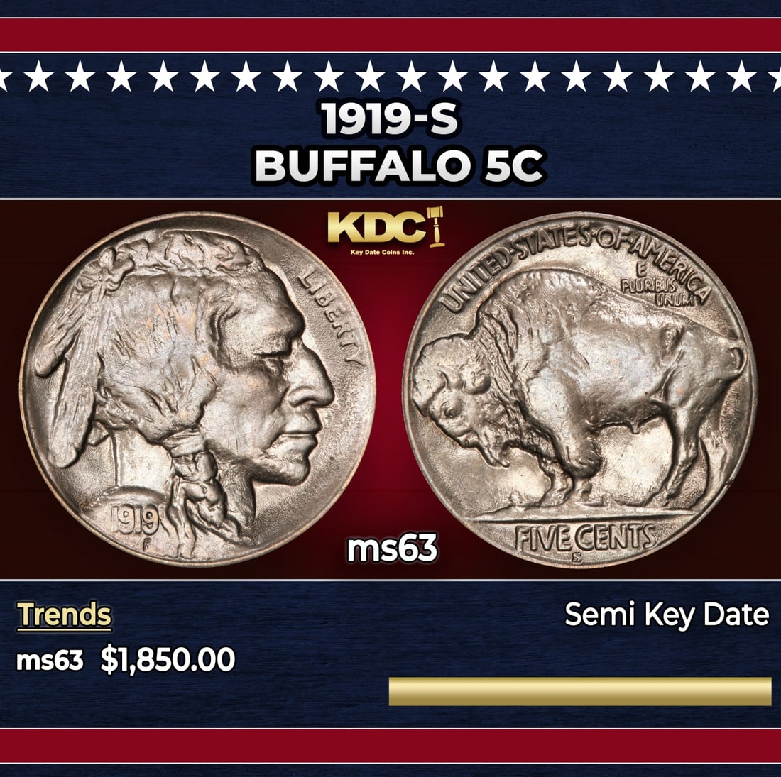 1919-s Buffalo Nickel 5c ms63 USCG: 1919-s Buffalo Nickel 5c ms63 USCG. According to David Hall, the 1919-s is scarce in circulated grades. Most of the killer rarities in the Buffalo nickel series are the 1918 thru 1927 San Francisco is