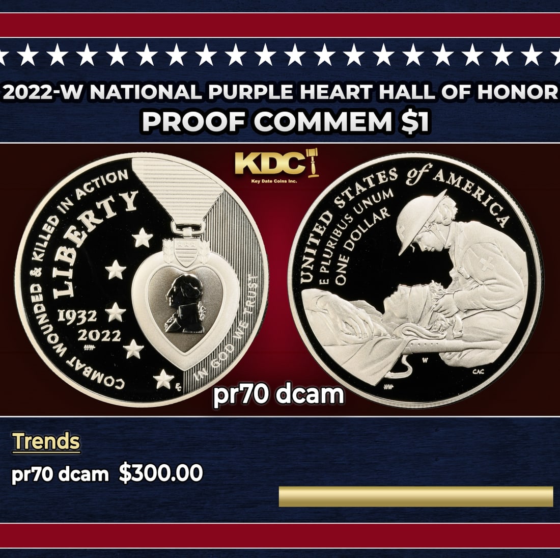 2022-w National Purple Heart Hall of Honor Proof Modern Commem Dollar $1 pr70 dcam SEGS: 2022-w National Purple Heart Hall of Honor Modern Commem Dollar $1 pr70 dcam SEGS. Historic precious metal trends is causing increased spot pricing by the day. On auctions with set openings, we are do
