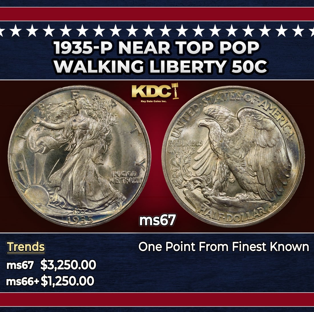 1935-p Walking Liberty Half Dollar Near Top Pop 50c ms67 SEGS: 1935-p Near Top Pop Walking Liberty Half Dollar 50c ms67 SEGS. Historic precious metal trends is causing increased spot pricing by the day. On auctions with set openings, we are doing our best to have