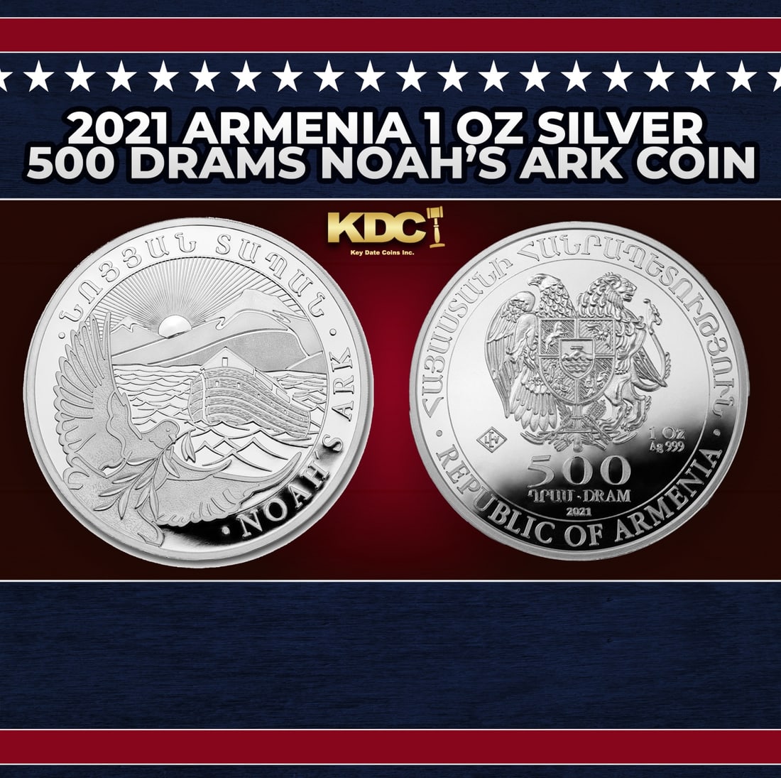 2021 Armenia 1 oz Silver 500 Drams Noah's Ark Coin Round: 2021 Armenia 1 oz Silver 500 Drams Noah's Ark Coin. Each coin is legal tender at its face value and is issued by the Central Bank of Armenia. The Noah's Ark coin features supreme minting quality and p