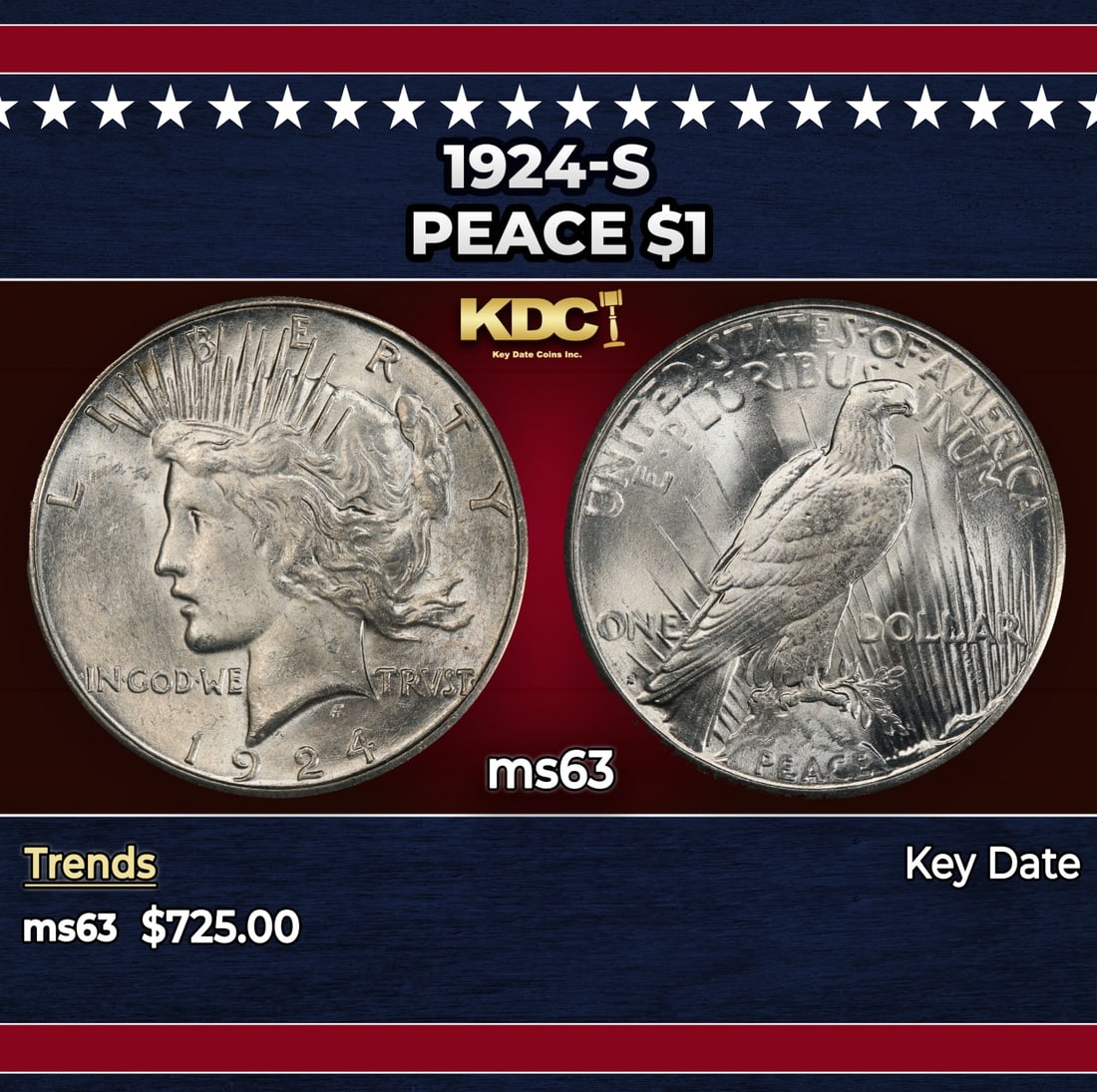 1924-s Peace Dollar $1 Grades ms63: 1924-s Peace Dollar $1 Grades ms63. Historic precious metal trends is causing increased spot pricing by the day. On auctions with set openings, we are doing our best to have items priced at their mark