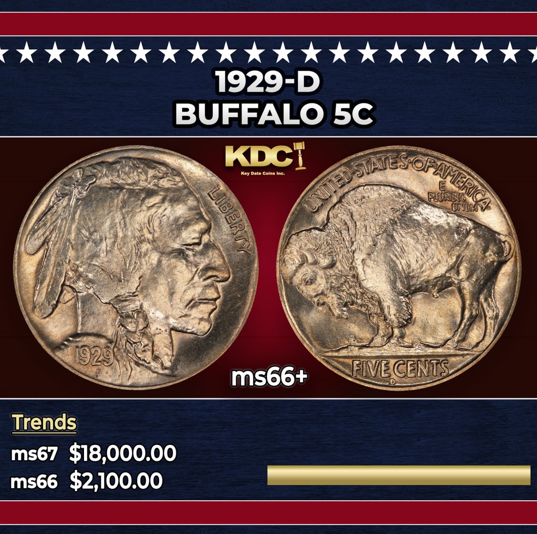 1929-d Buffalo Nickel 5c ms66+ SEGS: 1929-d Buffalo Nickel 5c ms66+ SEGS. Historic precious metal trends is causing increased spot pricing by the day. On auctions with set openings, we are doing our best to have items priced at their mar