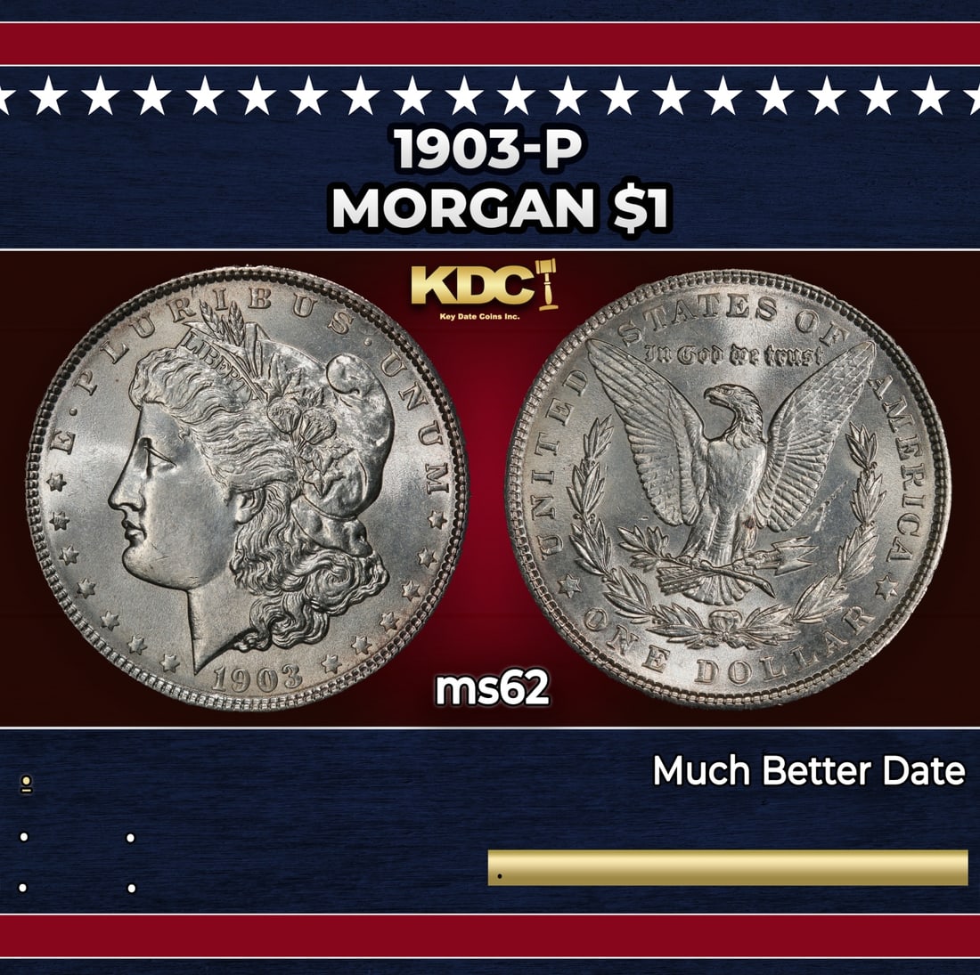 1903-p Morgan Dollar $1 Grades ms62: 1903-p Morgan Dollar $1 Grades ms62. Historic precious metal trends is causing increased spot pricing by the day. On auctions with set openings, we are doing our best to have items priced at their mar