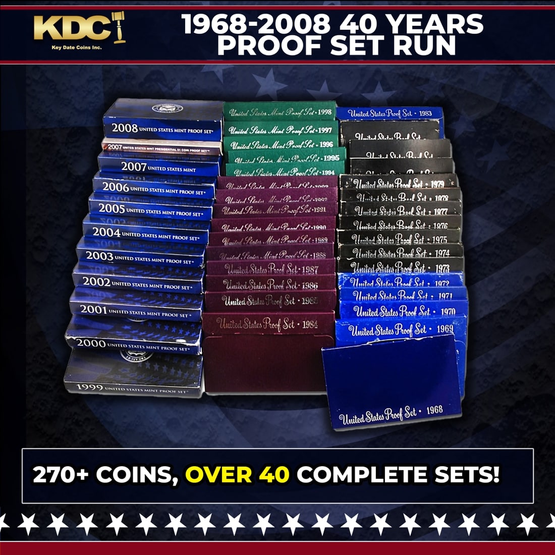 1968-2008 40 Years Proof Set Run - 273 Coins, 41 Complete Sets: 1968-2008 40 Years Proof Set Run - 273 Coins, 41 Complete Sets. 1968-2008 40 Years Proof Set Run - 273 Coins, 41 Complete Sets. This set includes all 50 State Quarter varieties. For 1982 only, there w