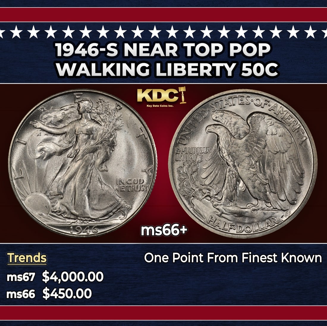1946-s Walking Liberty Half Dollar Near Top Pop 50c ms66+ SEGS: 1946-s Near Top Pop Walking Liberty Half Dollar 50c ms66+ SEGS. Historic precious metal trends is causing increased spot pricing by the day. On auctions with set openings, we are doing our best to hav