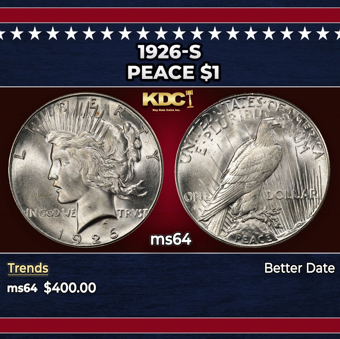 1926-s Peace Dollar $1 Grades ms64: 1926-s Peace Dollar $1 Grades ms64. Historic precious metal trends is causing increased spot pricing by the day. On auctions with set openings, we are doing our best to have items priced at their mark