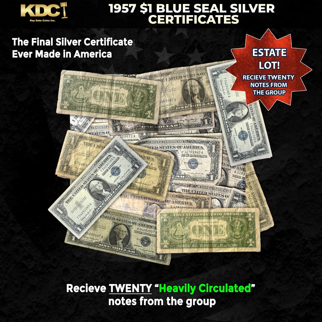 20x 1957 $1 Blue Seal Silver Certificates Heavily Circulated: 20x 1957 $1 Blue Seal Silver Certificates Heavily Circulated. Silver Certificates were redeemable in Silver. One of their most distinctive qualities is the blue Treasury seal and serial numbers. These