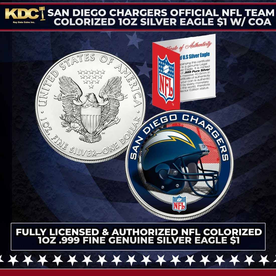 San Diego Chargers Official NFL Team Colorized 1oz Silver Eagle $1 w/ COA Other Toy: San Diego Chargers Official NFL Team Colorized 1oz Silver Eagle $1 w/ COA. This is your chance to own a fully licensed & authorized NFL colorized .999 Fine Silver Eagle $1 coin, beautifully enhanced w