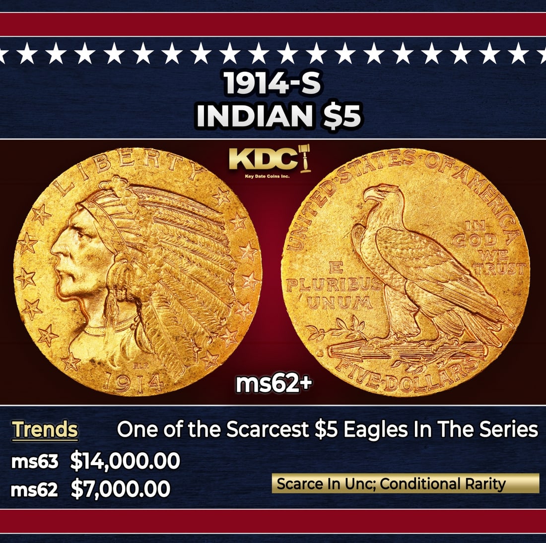 1914-s Gold Indian Half Eagle $5 ms62+ USCG: 1914-s Gold Indian Half Eagle $5 ms62+ USCG. Superior striking quality and surface preservation highlight this significant rarity among Indian half eagles. The devices are uniformly bold with most fea