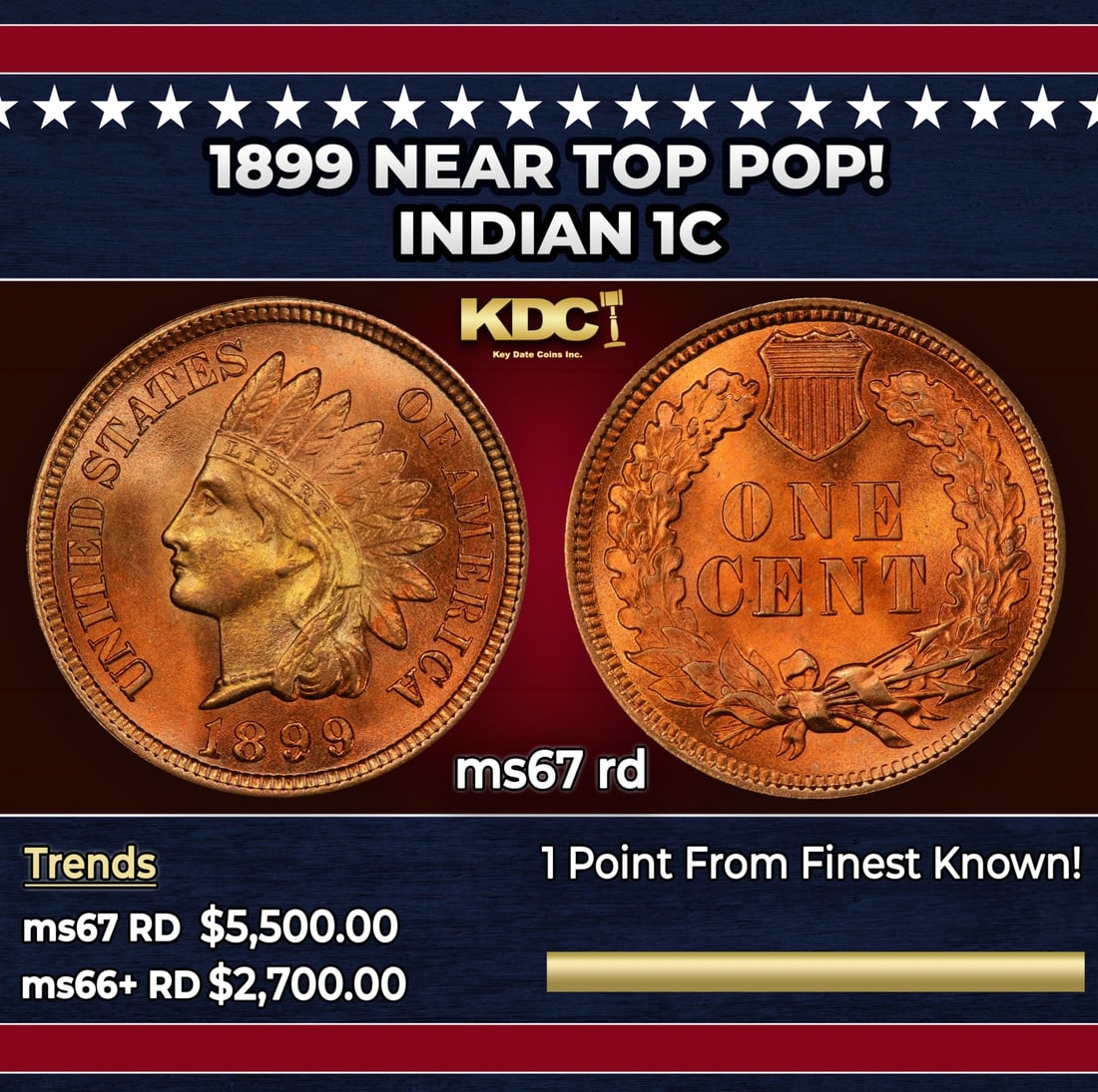 1899 Indian Cent Near Top Pop! 1c ms67 rd SEGS: 1899 Near Top Pop! Indian Cent 1c ms67 rd SEGS. Historic precious metal trends is causing increased spot pricing by the day. On auctions with set openings, we are doing our best to have items priced a