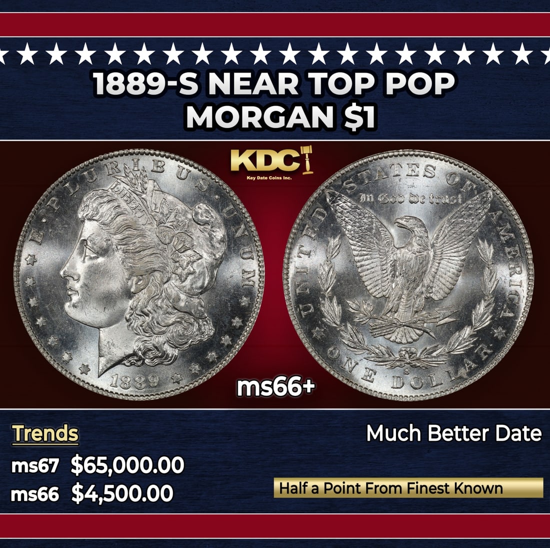 1889-s Morgan Dollar Near Top Pop $1 ms66+ SEGS: 1889-s Near Top Pop Morgan Dollar $1 ms66+ SEGS. Historic precious metal trends is causing increased spot pricing by the day. On auctions with set openings, we are doing our best to have items priced