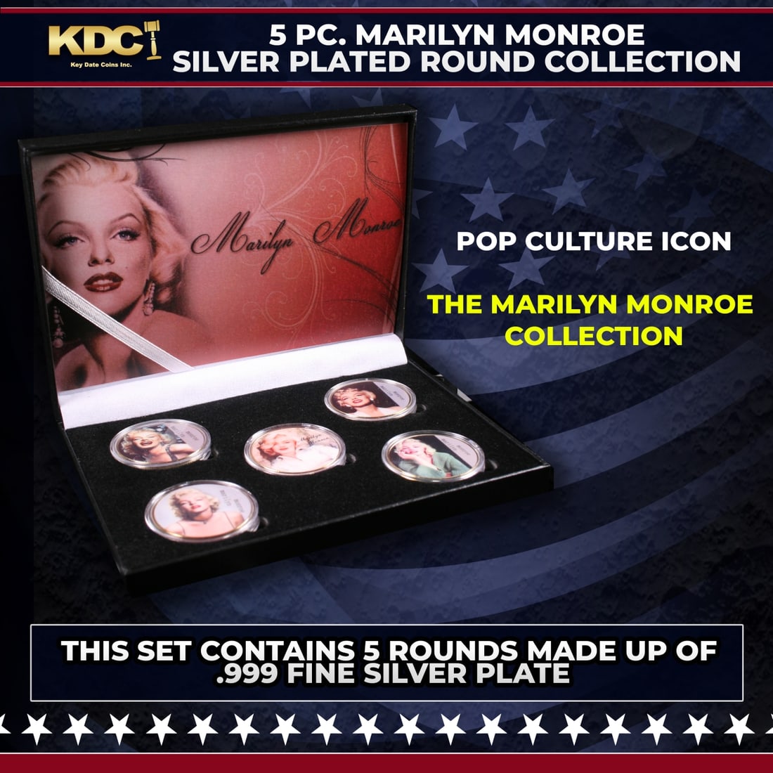 5 Coin Marilyn Monroe Silver Plated Round Collection: 5 Coin Marilyn Monroe Silver Plated Round Collection. "5 Pc. Marilyn Monroe Silver Plated Round Collection. This set contains 5 rounds made up of .999 Fine Silver Plate from The Marilyn Monroe Collect