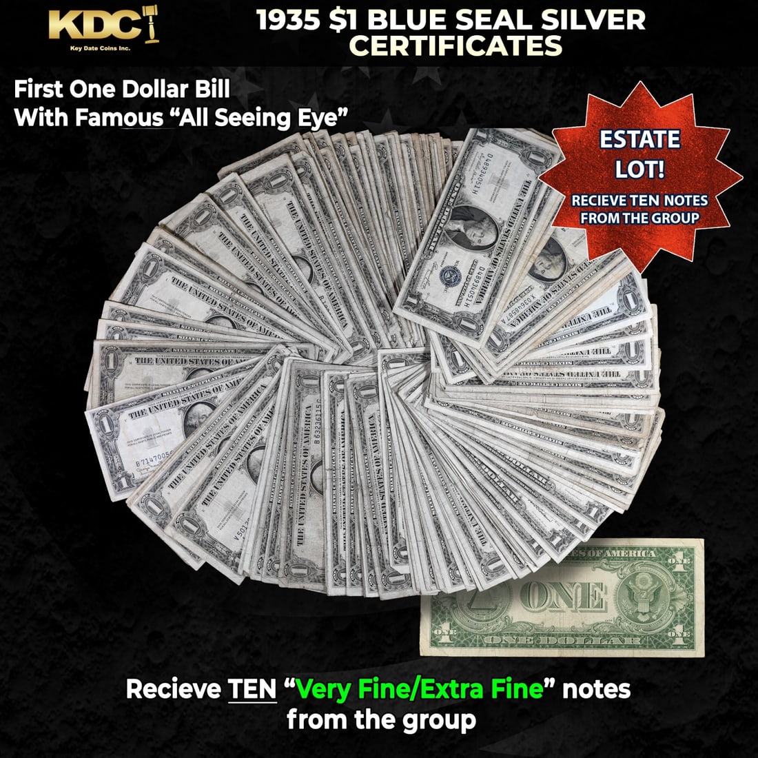 10x 1935 $1 Blue Seal Silver Certificates Grades VF/XF: 10x 1935 $1 Blue Seal Silver Certificates Grades VF/XF. Silver Certificates were redeemable in Silver. One of their most distinctive qualities is the blue Treasury seal and serial numbers. These notes