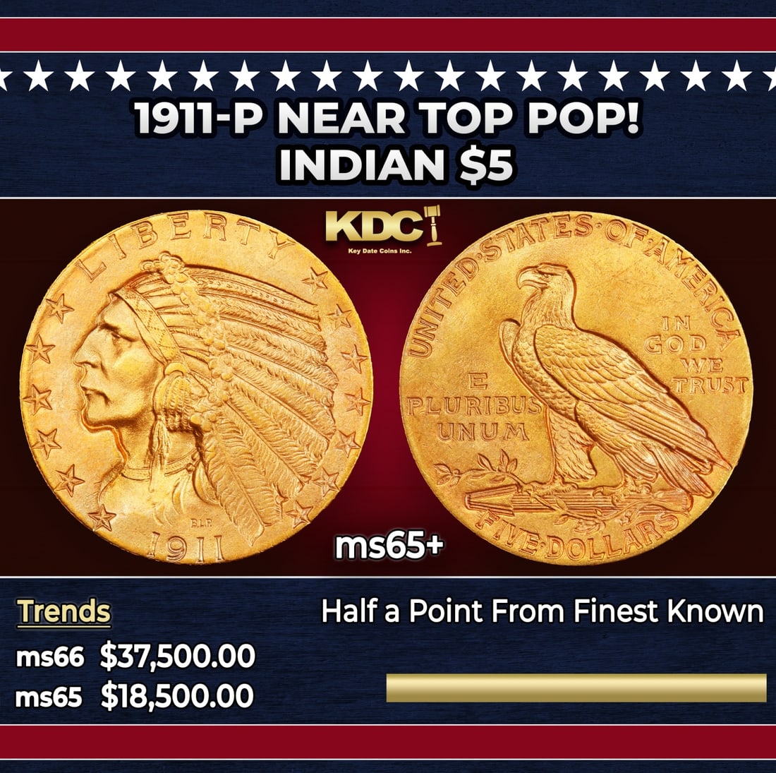 1911-p Gold Indian Half Eagle Near Top Pop! $5 ms65+ USCG: 1911-p Near Top Pop! Gold Indian Half Eagle $5 ms65+ USCG. Historic precious metal trends is causing increased spot pricing by the day. On auctions with set openings, we are doing our best to have ite