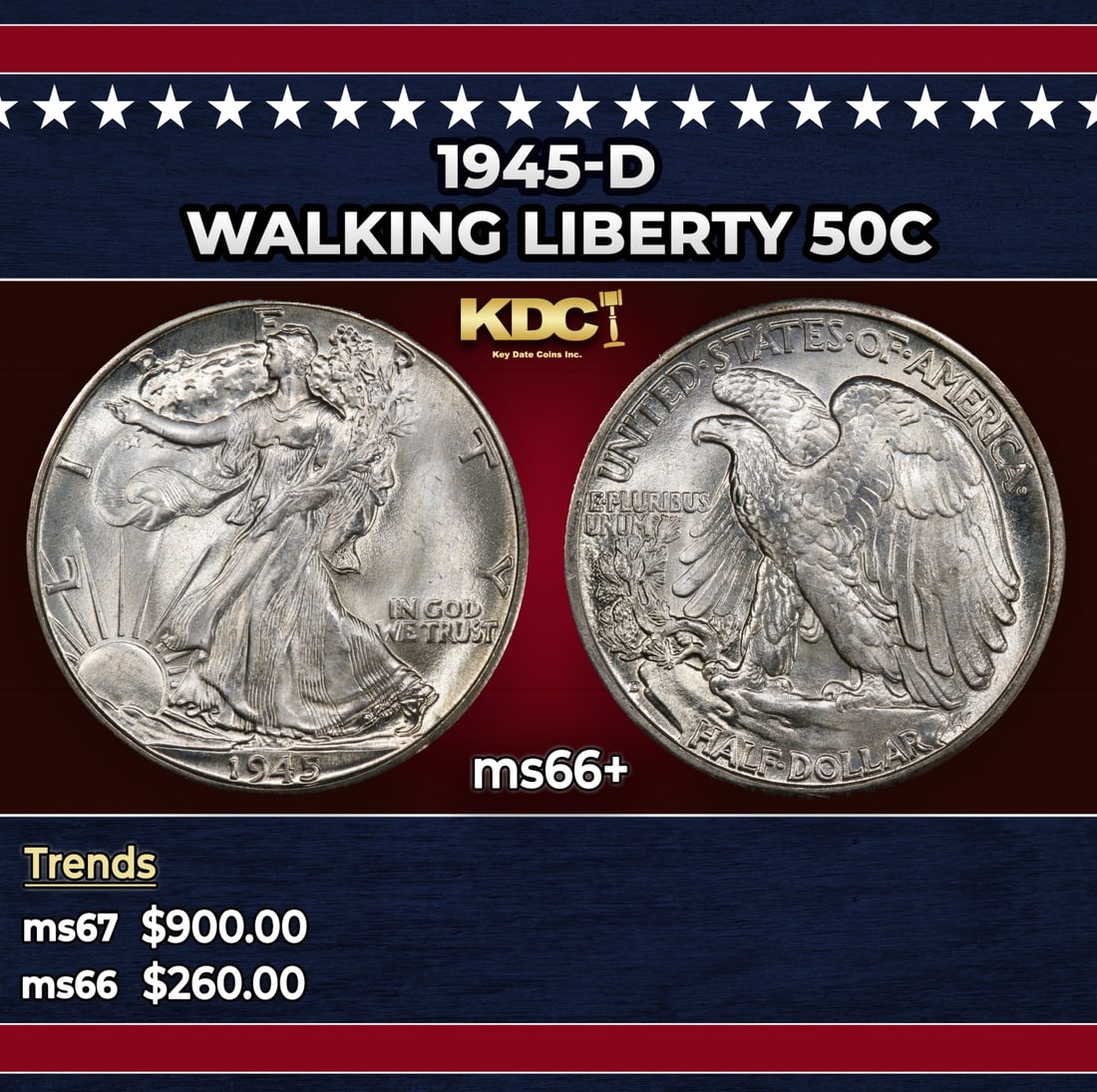 1945-d Walking Liberty Half Dollar 50c ms66+ SEGS: 1945-d Walking Liberty Half Dollar 50c ms66+ SEGS. Historic precious metal trends is causing increased spot pricing by the day. On auctions with set openings, we are doing our best to have items price