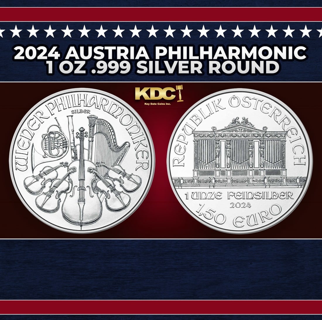 2024 Austria Philharmonic 1 oz .999 Silver Round Round: 2024 Austria Philharmonic 1 oz .999 Silver Round. The Austrian Philharmonic silver coin was first released in 2008, and the Austrian Mint tradition has carried on to 2024. This coin has 1 oz of .999 f