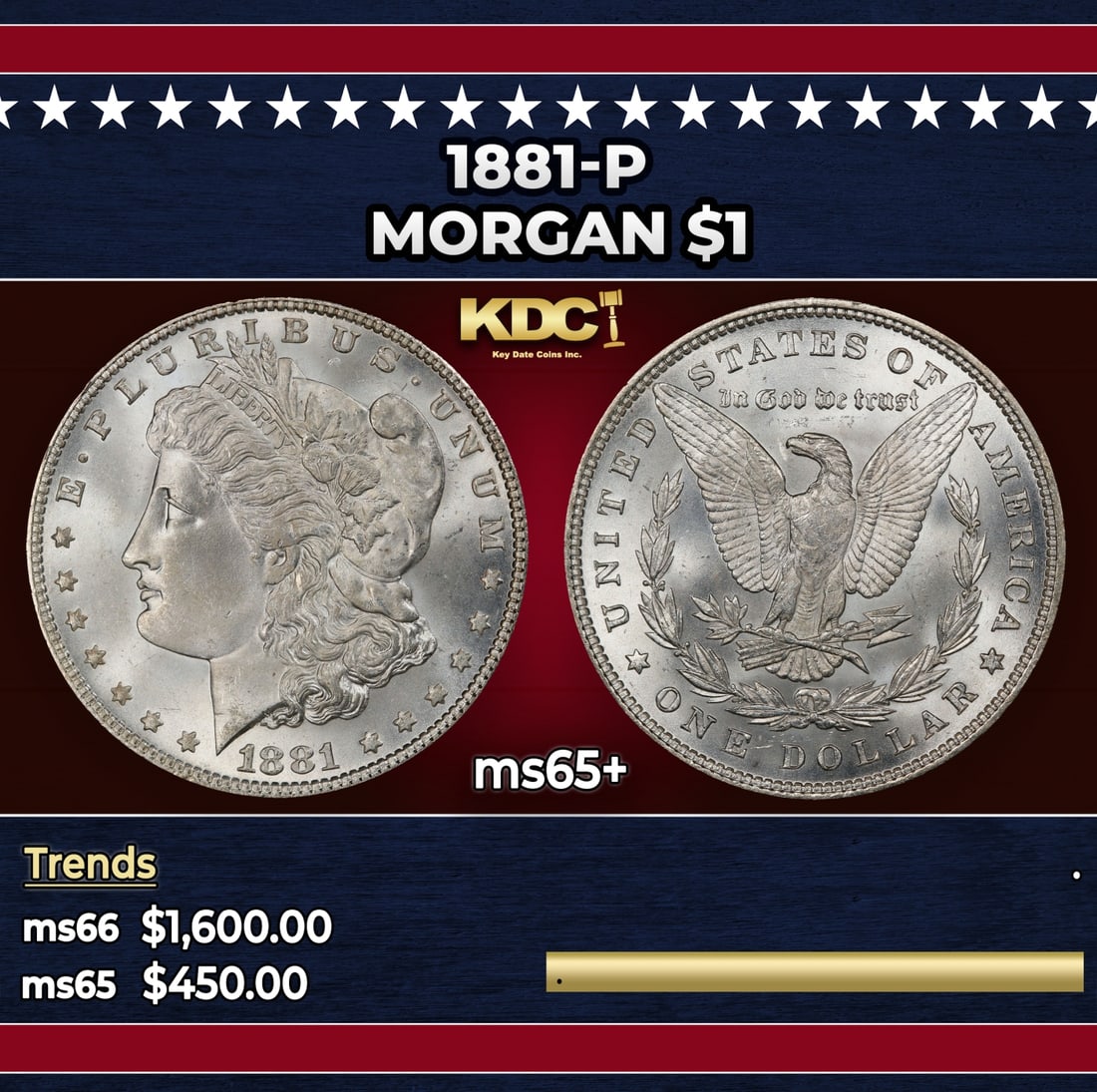 1881-p Morgan Dollar $1 Grades ms65+: 1881-p Morgan Dollar $1 Grades ms65+. Historic precious metal trends is causing increased spot pricing by the day. On auctions with set openings, we are doing our best to have items priced at their ma