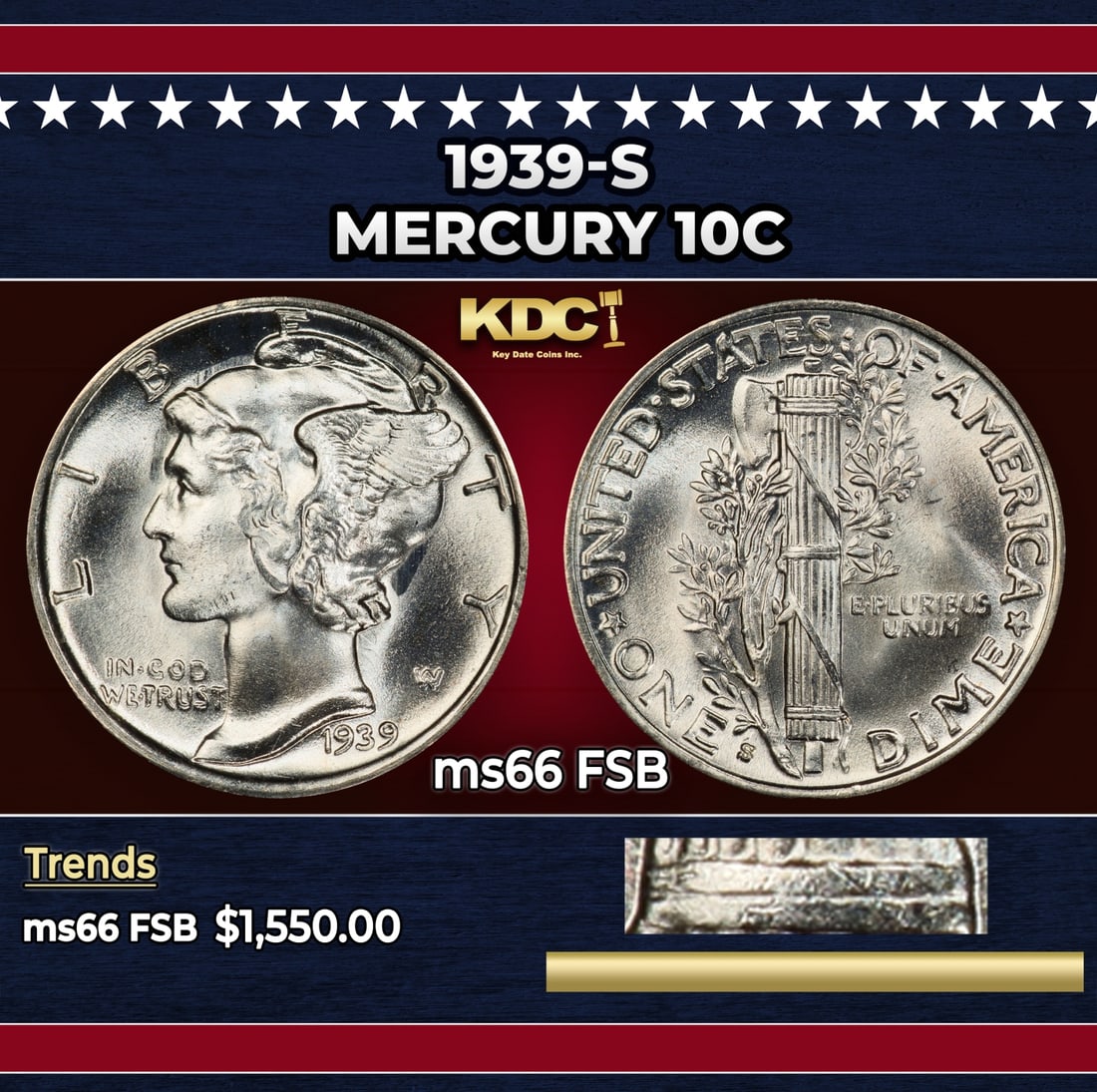 1939-s Mercury Dime 10c ms66 FSB SEGS: 1939-s Mercury Dime 10c ms66 FSB SEGS. Historic precious metal trends is causing increased spot pricing by the day. On auctions with set openings, we are doing our best to have items priced at their m