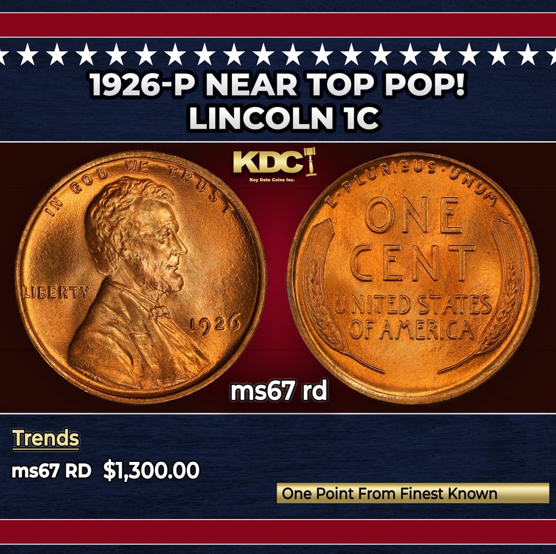 1926-p Lincoln Cent Near Top Pop! 1c ms67 rd SEGS: 1926-p Near Top Pop! Lincoln Cent 1c ms67 rd SEGS. Historic precious metal trends is causing increased spot pricing by the day. On auctions with set openings, we are doing our best to have items price