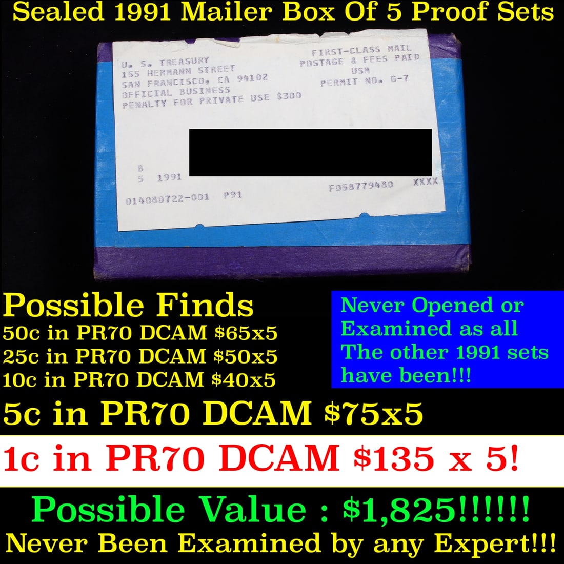 Original sealed box 5- 1991 United States Mint Proof Sets: Original sealed box 5- 1991 United States Mint Proof Sets. Historic precious metal trends is causing increased spot pricing by the day. On auctions with set openings, we are doing our best to have ite