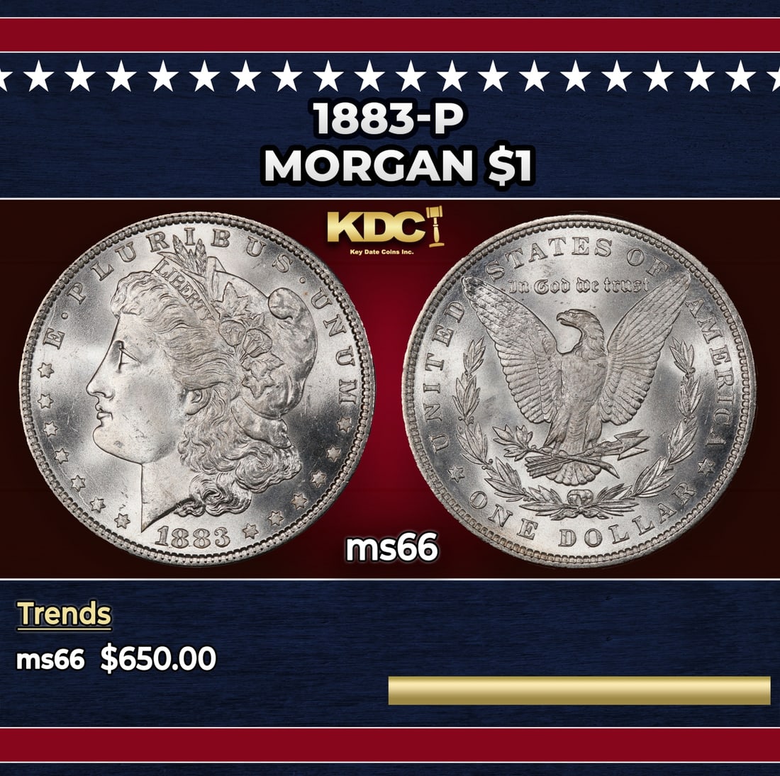 1883-p Morgan Dollar $1 Grades ms66: 1883-p Morgan Dollar $1 Grades ms66. Historic precious metal trends is causing increased spot pricing by the day. On auctions with set openings, we are doing our best to have items priced at their mar