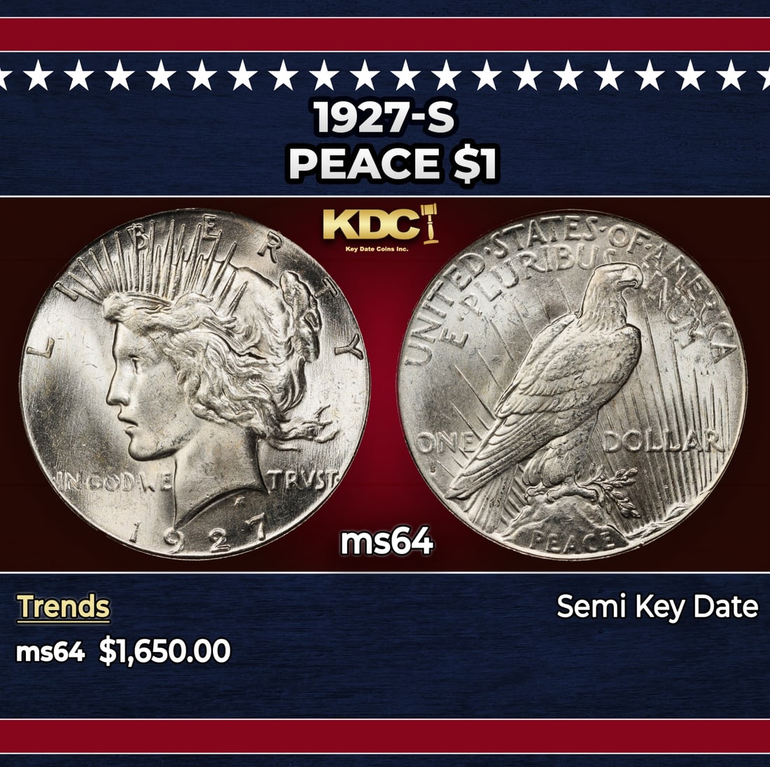 1927-s Peace Dollar $1 ms64 SEGS: 1927-s Peace Dollar $1 ms64 SEGS. Historic precious metal trends is causing increased spot pricing by the day. On auctions with set openings, we are doing our best to have items priced at their market