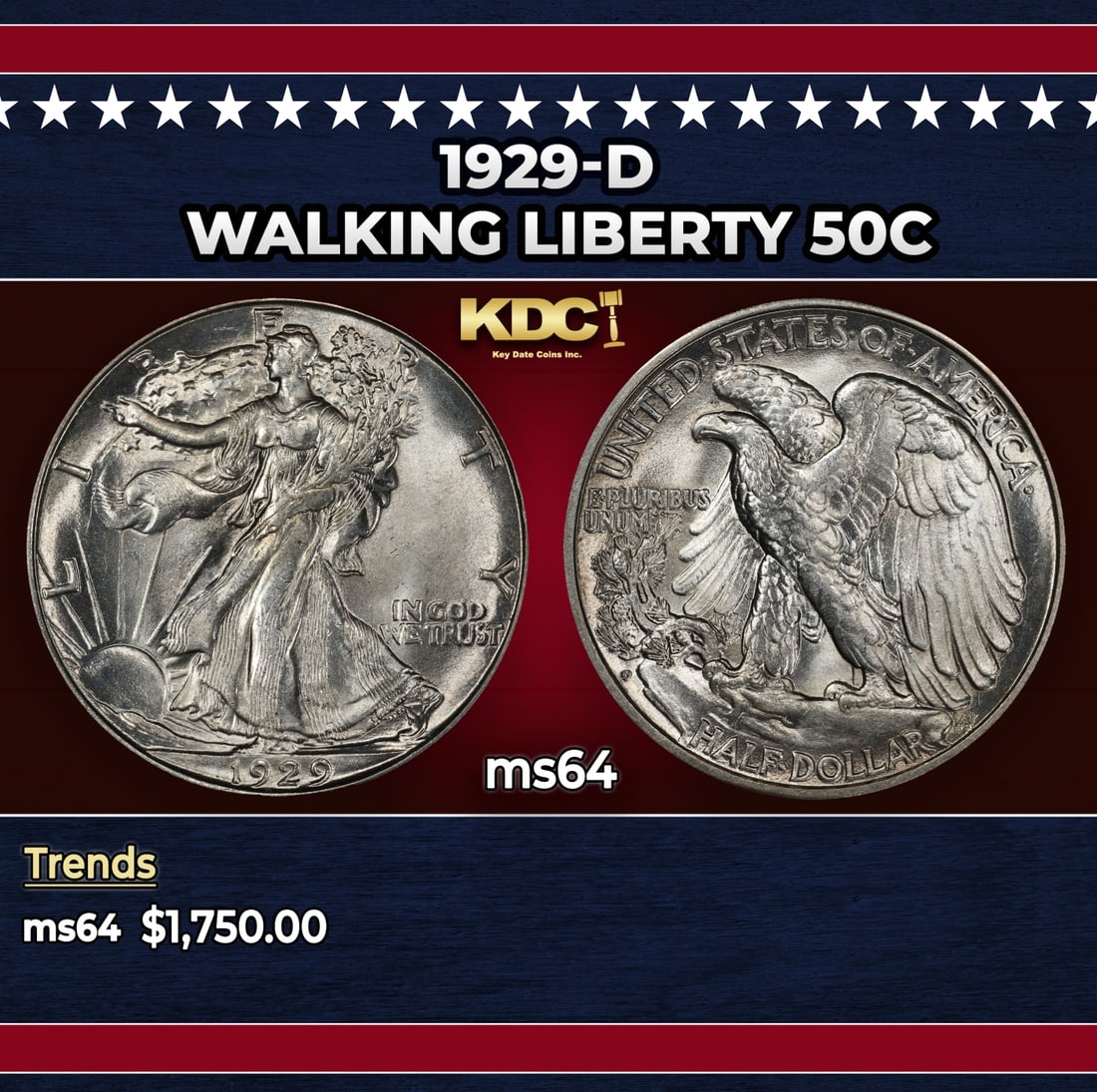 1929-d Walking Liberty Half Dollar 50c ms64 SEGS: 1929-d Walking Liberty Half Dollar 50c ms64 SEGS. Historic precious metal trends is causing increased spot pricing by the day. On auctions with set openings, we are doing our best to have items priced