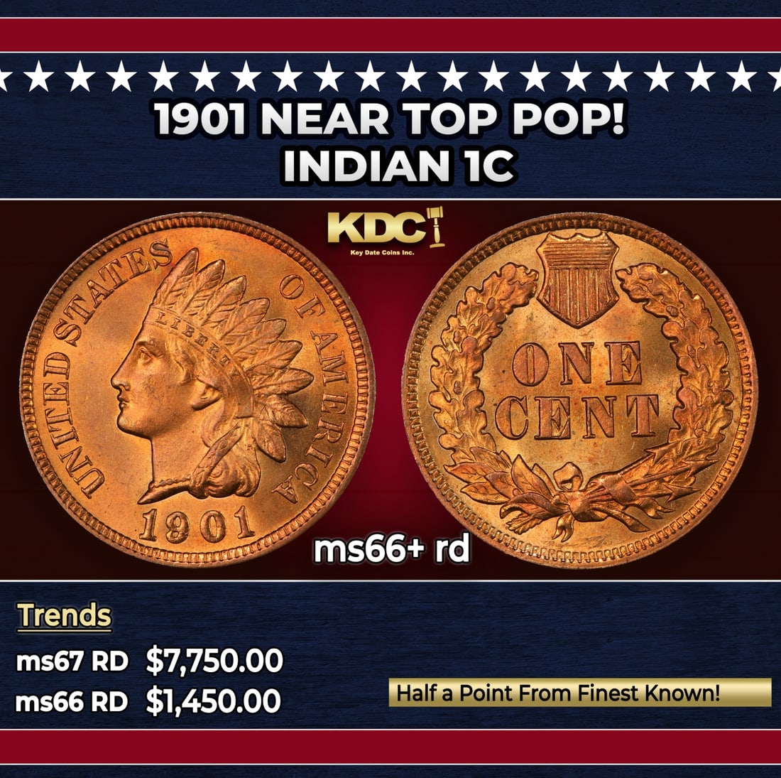 1901 Indian Cent Near Top Pop! 1c ms66+ rd SEGS: 1901 Near Top Pop! Indian Cent 1c ms66+ rd SEGS. Historic precious metal trends is causing increased spot pricing by the day. On auctions with set openings, we are doing our best to have items priced
