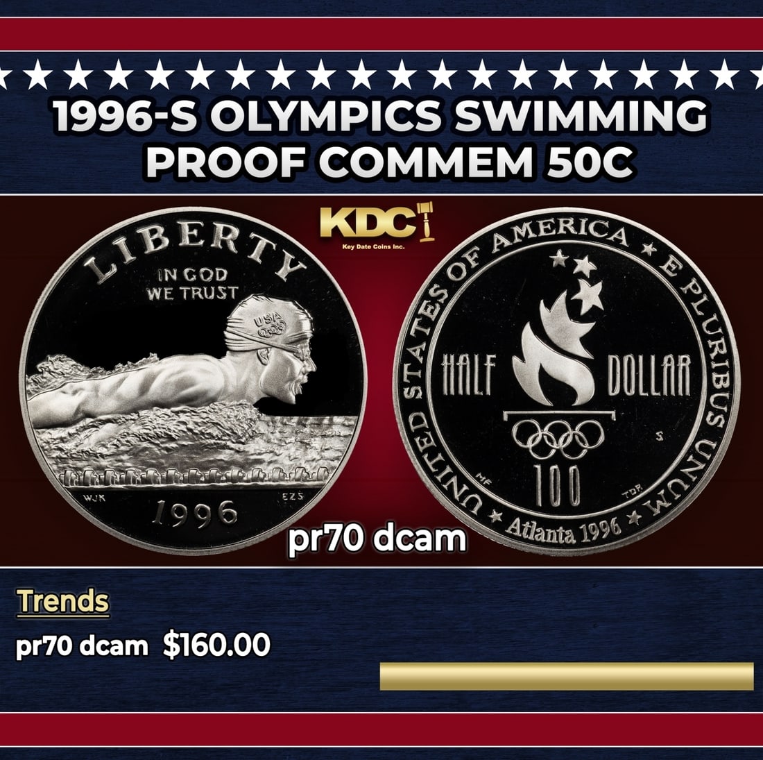1996-s Olympics Swimming Proof Modern Commem Half Dollar 50c pr70 dcam SEGS: 1996-s Olympics Swimming Modern Commem Half Dollar 50c pr70 dcam SEGS. Historic precious metal trends is causing increased spot pricing by the day. On auctions with set openings, we are doing our best
