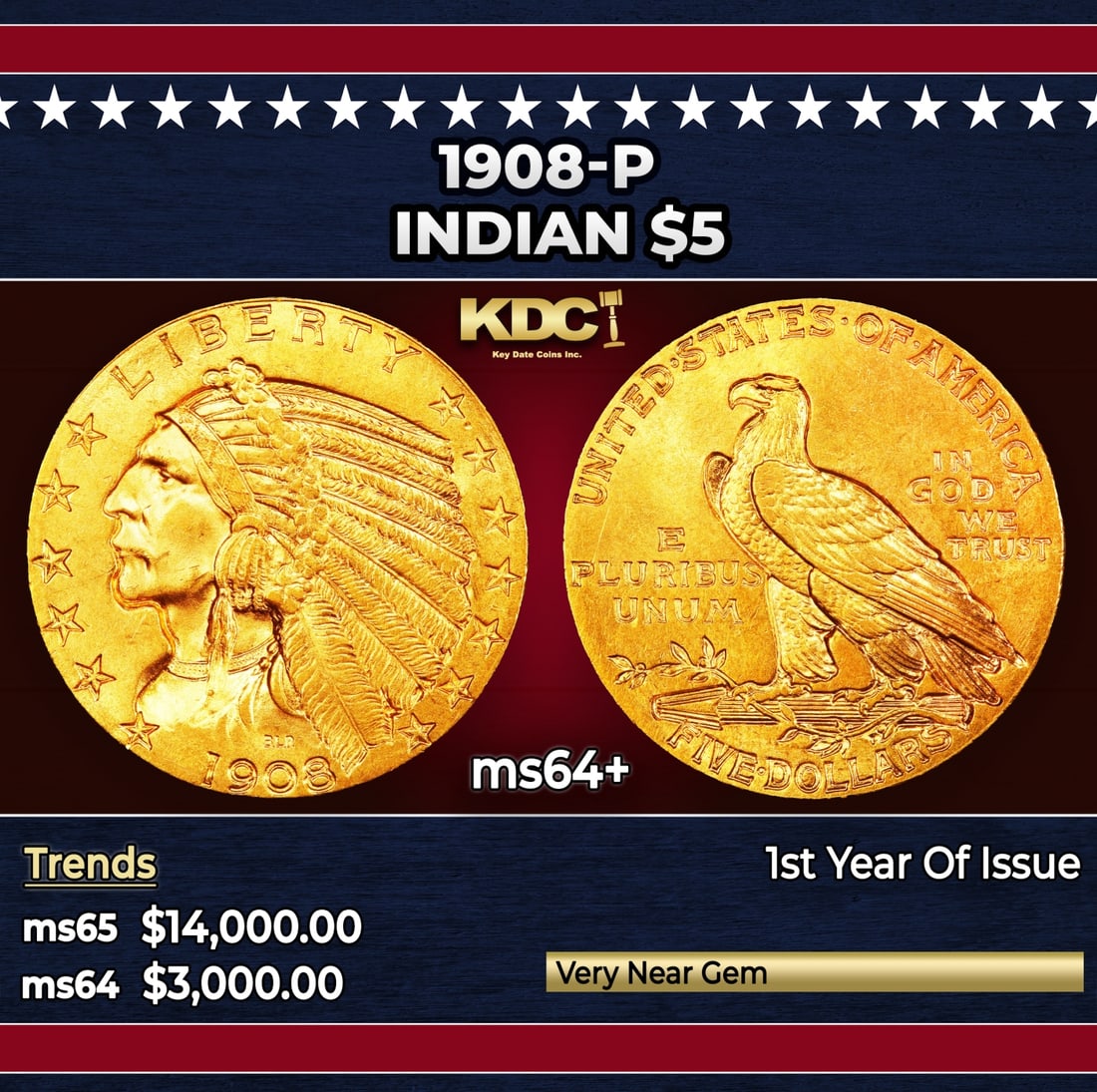 1908-p Gold Indian Half Eagle $5 ms64+ USCG: 1908-p Gold Indian Half Eagle $5 ms64+ USCG. Historic precious metal trends is causing increased spot pricing by the day. On auctions with set openings, we are doing our best to have items priced at t