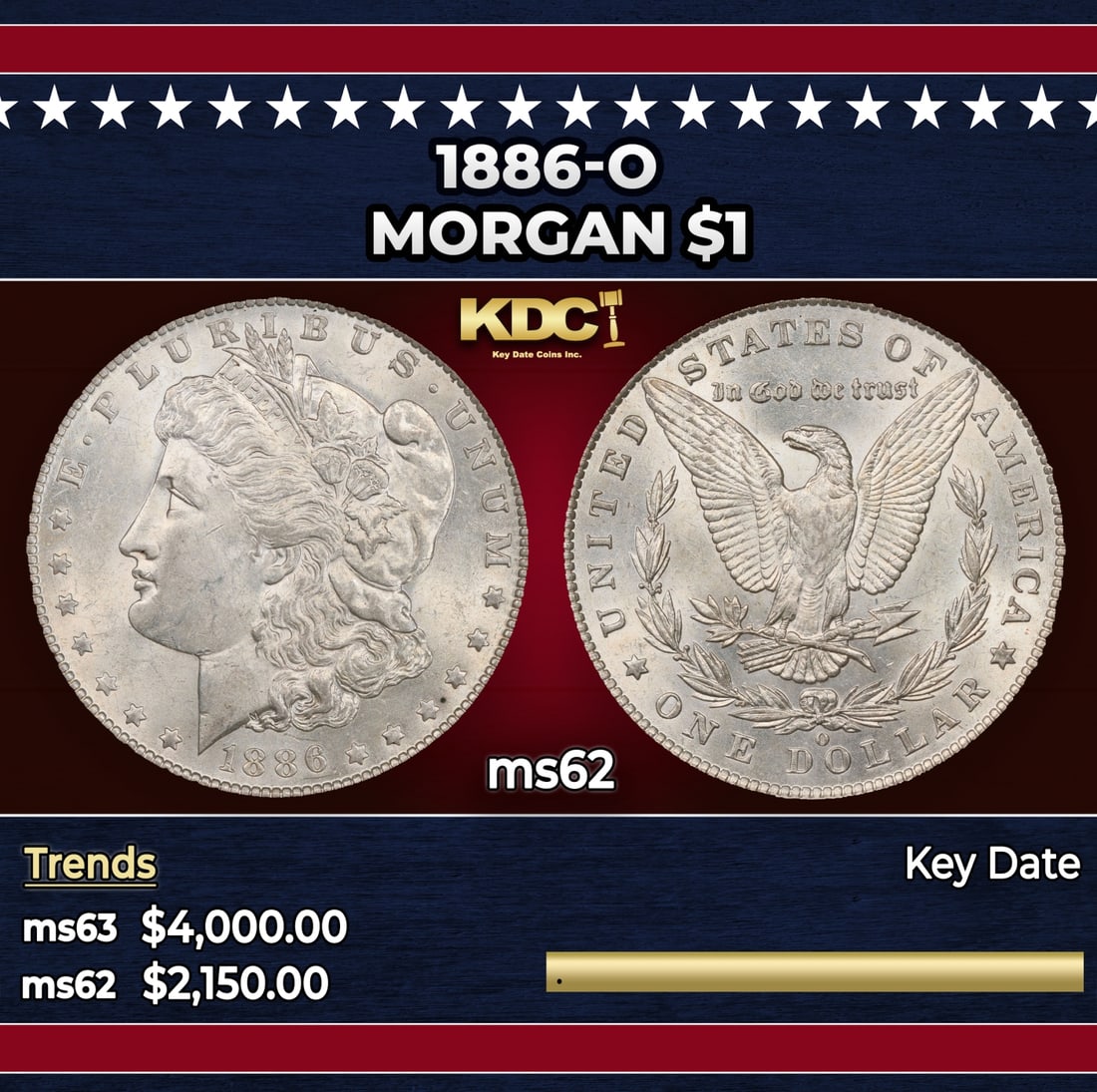 1886-o Morgan Dollar $1 ms62 USCG: 1886-o Morgan Dollar $1 ms62 USCG. Historic precious metal trends is causing increased spot pricing by the day. On auctions with set openings, we are doing our best to have items priced at their marke