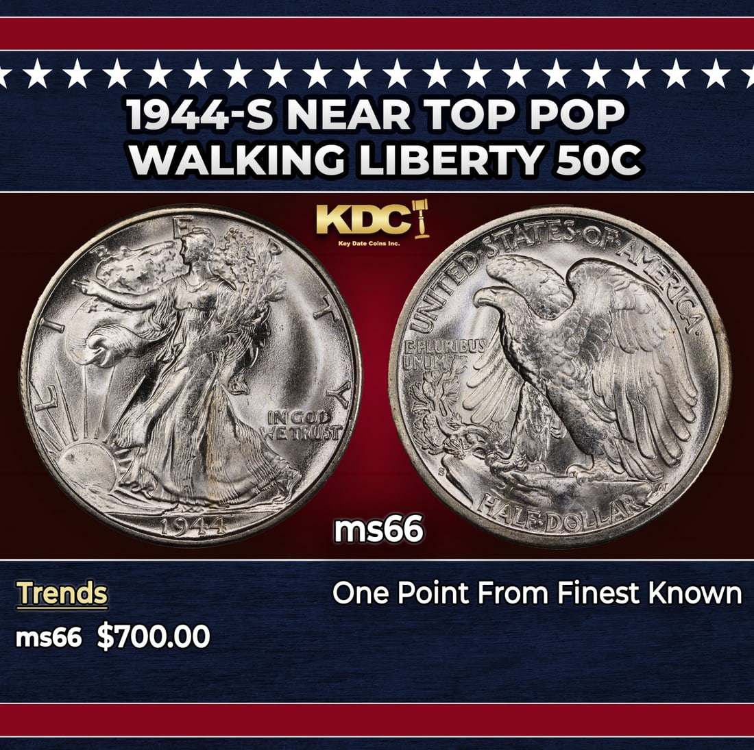 1944-s Walking Liberty Half Dollar Near Top Pop 50c Grades ms66: 1944-s Near Top Pop Walking Liberty Half Dollar 50c Grades ms66. Historic precious metal trends is causing increased spot pricing by the day. On auctions with set openings, we are doing our best to ha