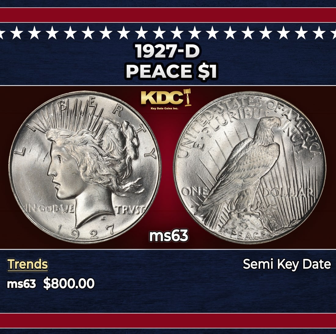 1927-d Peace Dollar $1 Grades ms63: 1927-d Peace Dollar $1 Grades ms63. Historic precious metal trends is causing increased spot pricing by the day. On auctions with set openings, we are doing our best to have items priced at their mark