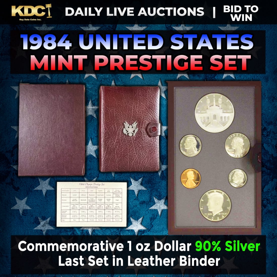 1984 Prestige Proof Set - Last set in the Leather Binder: 1984 Prestige Proof Set - Last set in the Leather Binder. Housed in a beautiful Leather Binder, this set includes the 90% silver "Gateway to the Olympic Coliseum" Olympic coin. Very difficult set to L