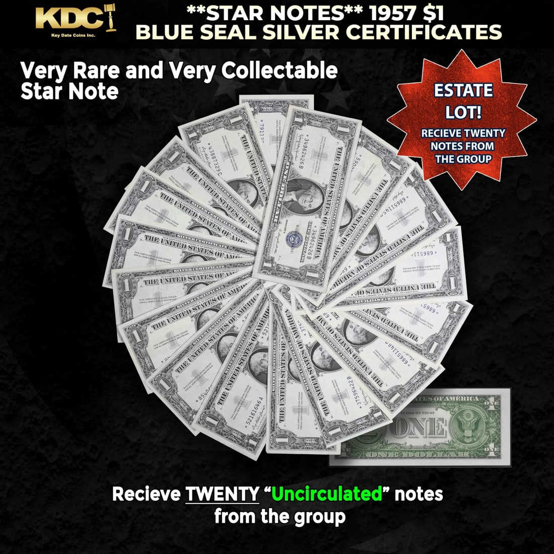 20x **STAR NOTES** 1957 $1 Blue Seal Silver Certificates Grades CU: 20x **STAR NOTES** 1957 $1 Blue Seal Silver Certificates Grades CU. When notes are discovered that have been printed incorrectly (such as having the serial numbers upside down, etc.) the misprinted "e
