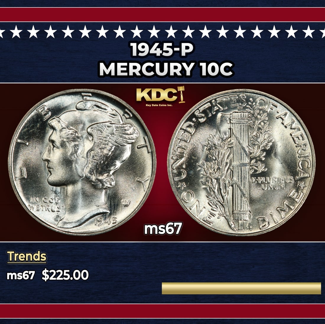 1945-p Mercury Dime 10c ms67 SEGS: 1945-p Mercury Dime 10c ms67 SEGS. Historic precious metal trends is causing increased spot pricing by the day. On auctions with set openings, we are doing our best to have items priced at their marke