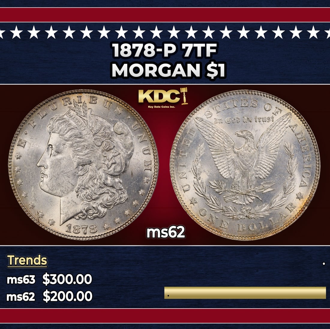 1878-p 7tf Morgan Dollar $1 Grades ms62: 1878-p 7tf Morgan Dollar $1 Grades ms62. Historic precious metal trends is causing increased spot pricing by the day. On auctions with set openings, we are doing our best to have items priced at their