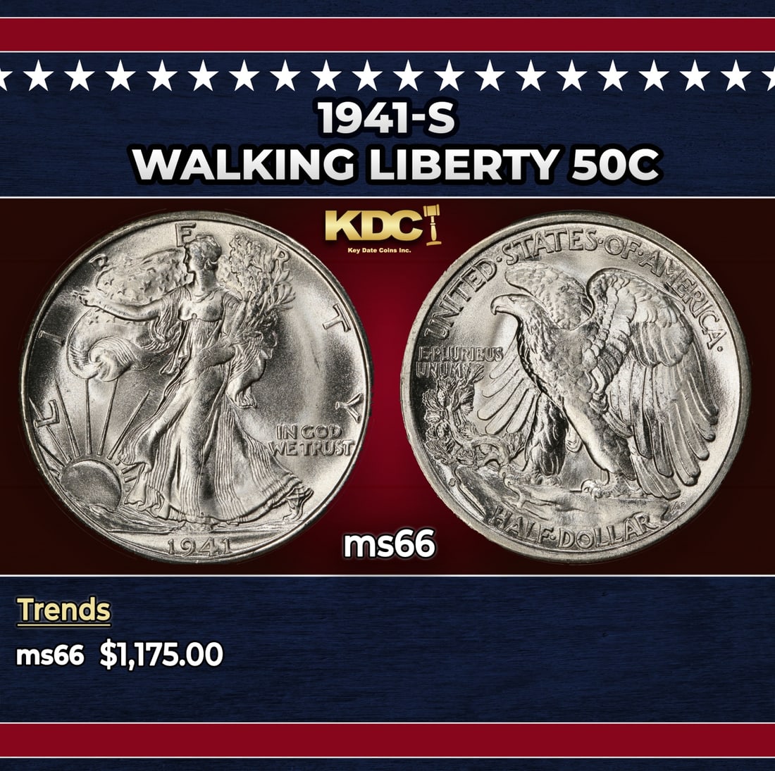 1941-s Walking Liberty Half Dollar 50c ms66 SEGS: 1941-s Walking Liberty Half Dollar 50c ms66 SEGS. Historic precious metal trends is causing increased spot pricing by the day. On auctions with set openings, we are doing our best to have items priced