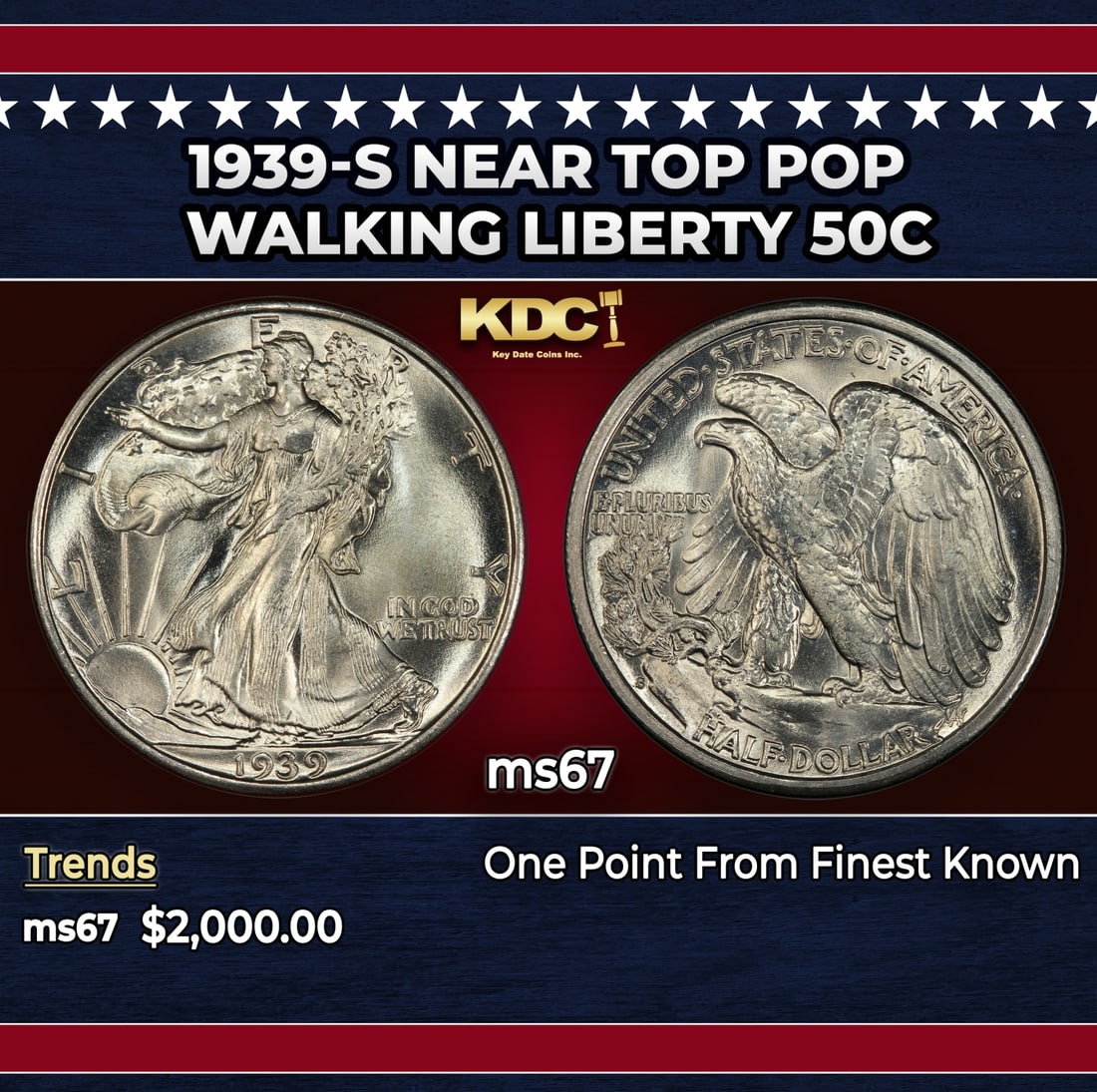 1939-s Walking Liberty Half Dollar Near Top Pop 50c ms67 SEGS: 1939-s Near Top Pop Walking Liberty Half Dollar 50c ms67 SEGS. Historic precious metal trends is causing increased spot pricing by the day. On auctions with set openings, we are doing our best to have