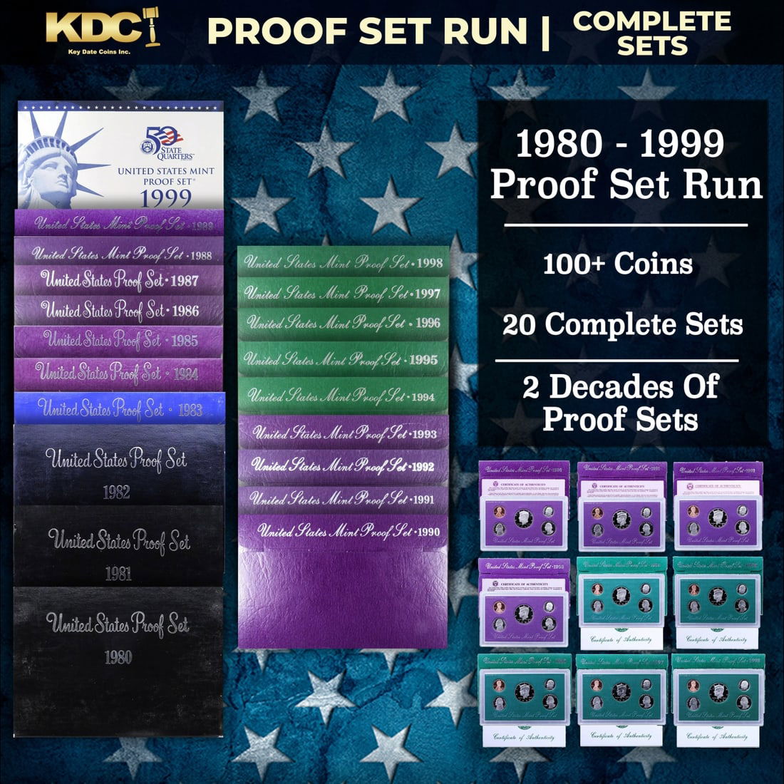 1980-1999 Proof Set Run 107 Coins 20 Complete Sets: 1980-1999 Proof Set Run 107 Coins 20 Complete Sets. Historic precious metal trends is causing increased spot pricing by the day. On auctions with set openings, we are doing our best to have items pric