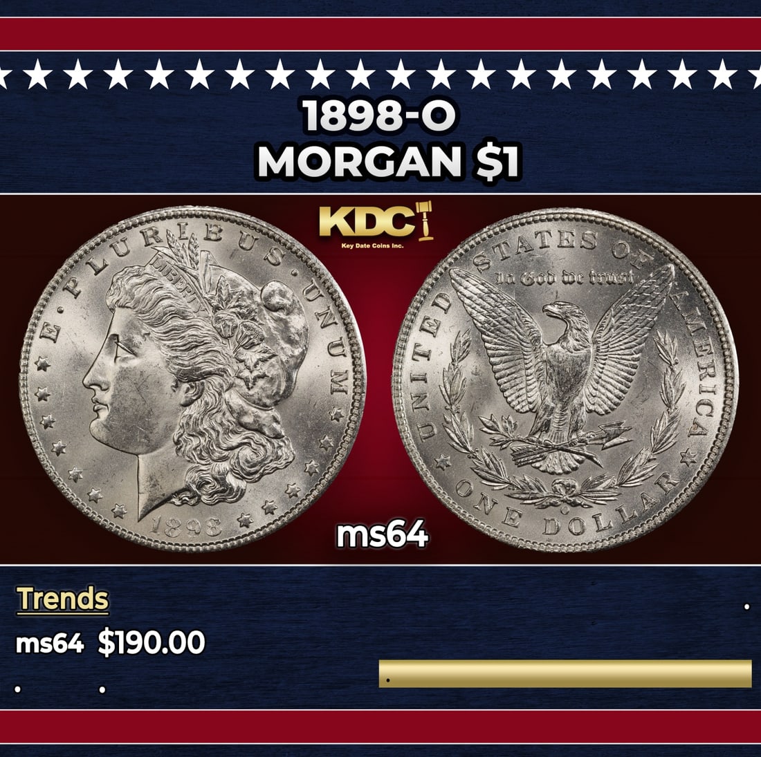 1898-o Morgan Dollar $1 Grades ms64: 1898-o Morgan Dollar $1 Grades ms64. Historic precious metal trends is causing increased spot pricing by the day. On auctions with set openings, we are doing our best to have items priced at their mar