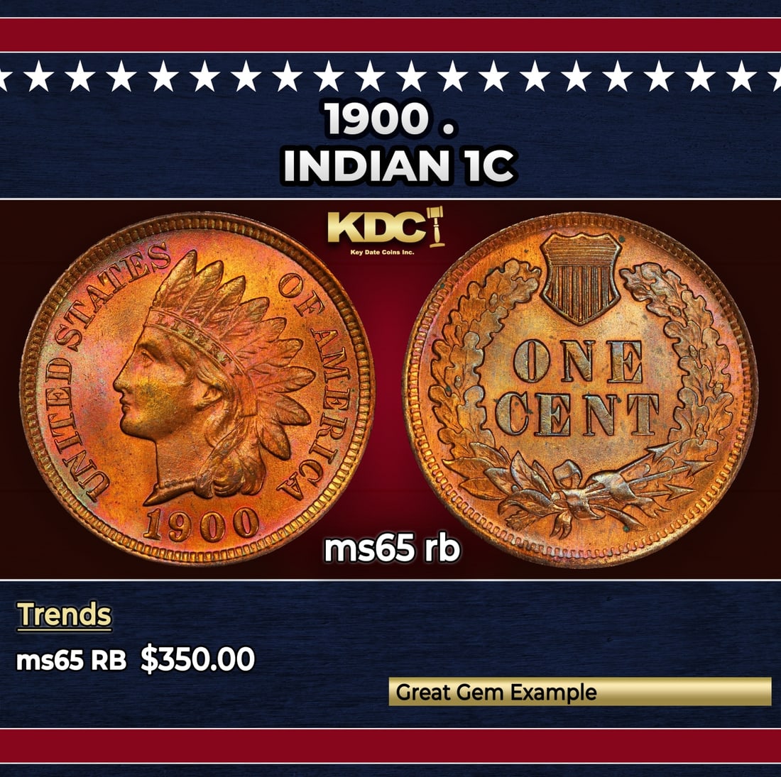 1900 Indian Cent . 1c Grades ms65 rb: 1900 . Indian Cent 1c Grades ms65 rb. Historic precious metal trends is causing increased spot pricing by the day. On auctions with set openings, we are doing our best to have items priced at their ma
