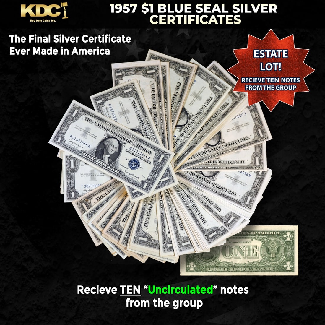 10x 1957 $1 Blue Seal Silver Certificates Grades CU: 10x 1957 $1 Blue Seal Silver Certificates Grades CU. Silver Certificates were redeemable in Silver. One of their most distinctive qualities is the blue Treasury seal and serial numbers. These notes in